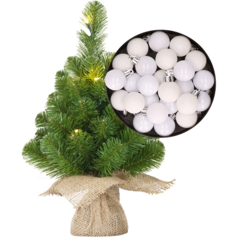 Mini kunst kerstboom - H45 cm - met verlichting en kerstballen - wit - kunstboom -
