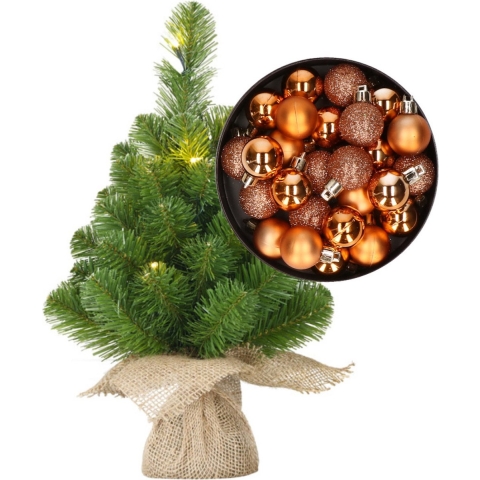 Mini kunst kerstboom - H45 cm - met verlichting en kerstballen - koper - kunstboom -