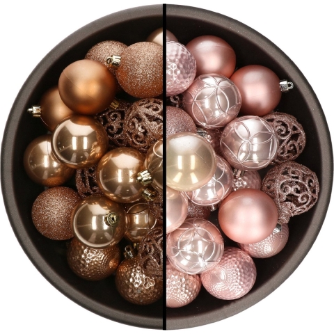 74x stuks kunststof kerstballen mix van camel bruin en lichtroze 6 cm -