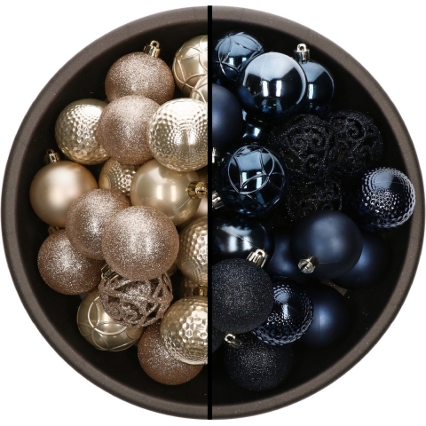 74x stuks kunststof kerstballen mix van champagne en donkerblauw 6 cm -