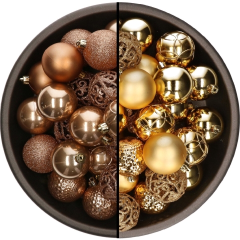 74x stuks kunststof kerstballen mix van camel bruin en goud 6 cm -