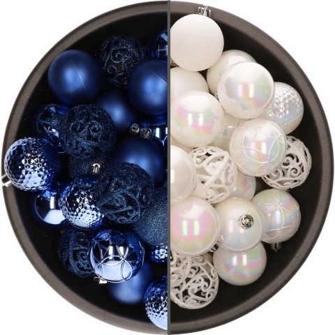 74x stuks kunststof kerstballen mix van parelmoer wit en kobalt blauw 6 cm -