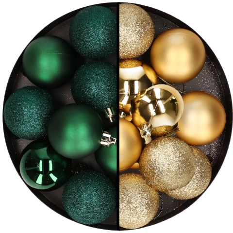24x stuks kunststof kerstballen mix van donkergroen en goud 6 cm -