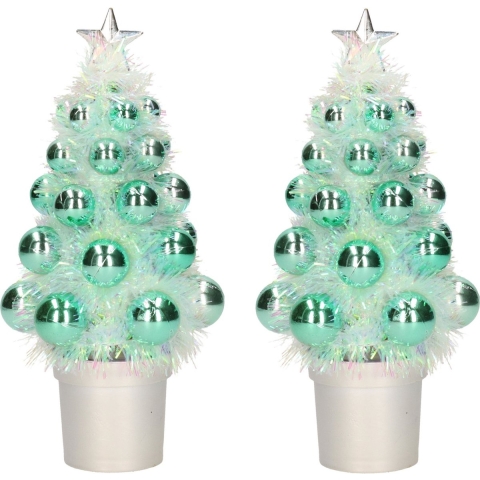 6x Mini kunst kerstboompje mint groen met kerstballen 19 cm -