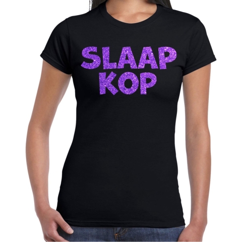 Verkleed T-shirt voor dames - slaapkop - zwart - glitter paars - themafeest XL -