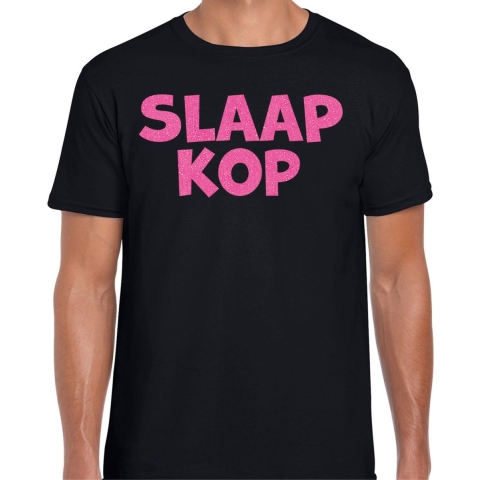 Verkleed T-shirt voor heren - slaap kop - pyjama party - zwart - glitter roze - themafeest M -