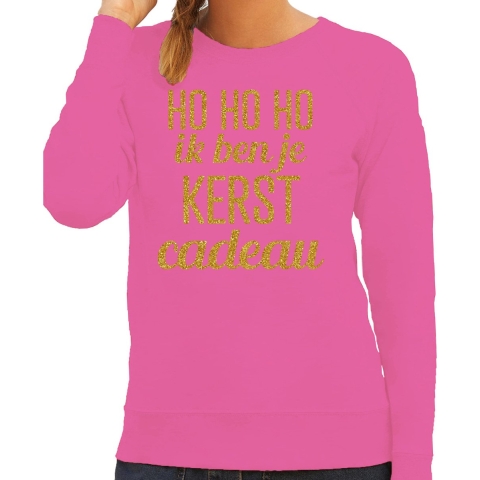 Foute kersttrui/sweater voor dames - Hohoho kerst cadeau - roze - glitter goud 2XL -