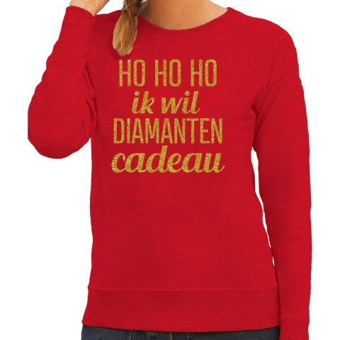 Foute kersttrui/sweater voor dames - Hohoho diamanten cadeau - rood - glitter goud L -