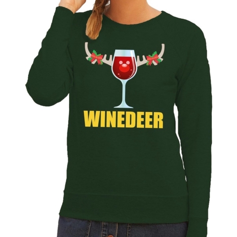 Foute kersttrui/sweater - wijn - Winedeer - groen - voor dames - kersttruien XL (42) -