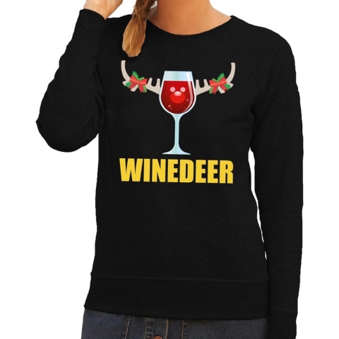 Foute kersttrui/sweater - zwart - wijn - Winedeer - voor dames XL (42) -