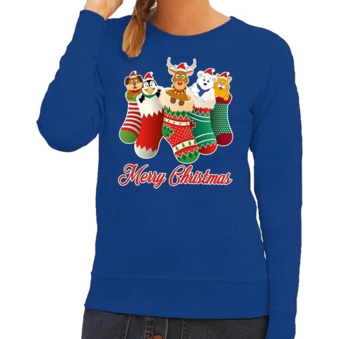 Foute Kersttrui kerstsokken merry christmas blauw voor dames XS (34) -