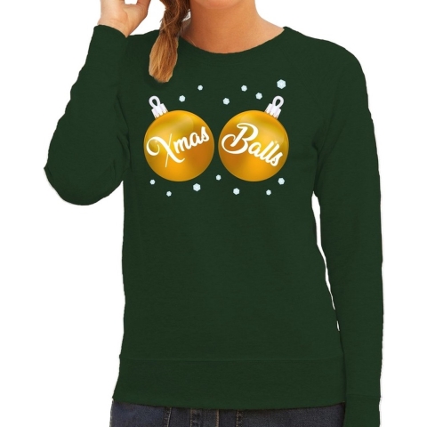 Foute kersttrui / sweater groen met gouden Xmas Balls voor dames L (40) -