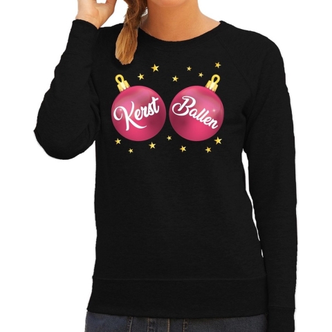 Foute kersttrui / sweater zwart met roze Kerst Ballen dames S (36) -