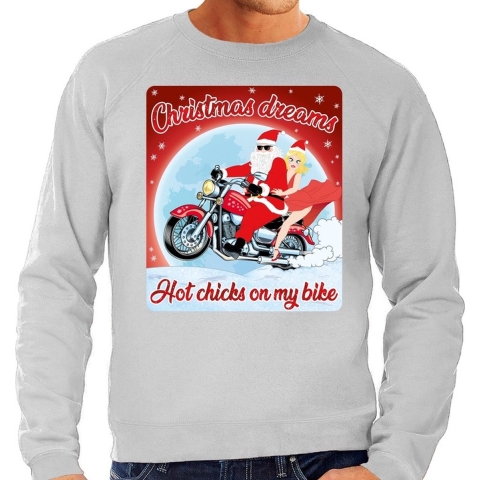 Foute kersttrui voor motorliefhebbers hot chicks grijs heren 2XL (56) -