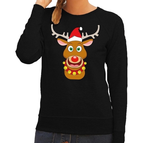 Foute kersttrui rendier Rudolf met rode kerstmuts zwart dames 2XL (44) -