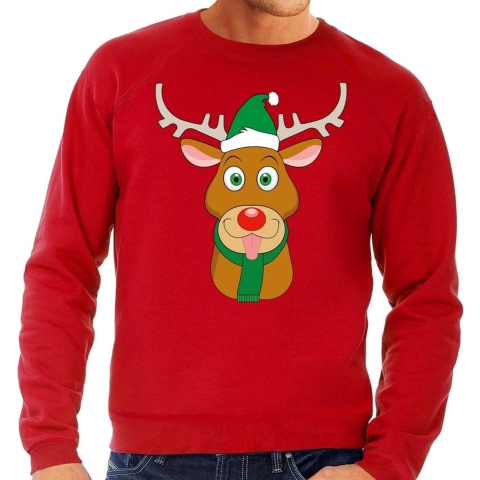 Foute kersttrui rendier Rudolf met groene kerstmuts rood heren XL (54) -
