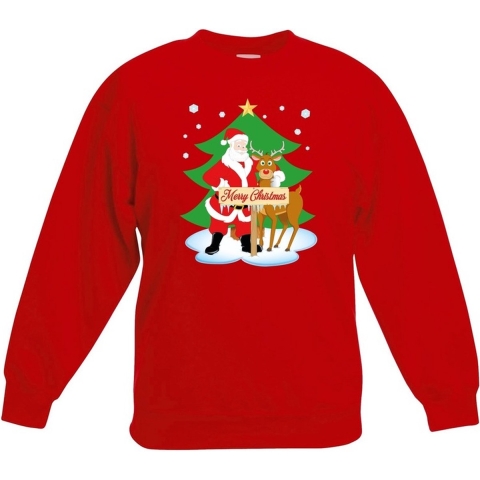 Kersttrui kerstman en rendier rood kinderen 9-11 jaar (134/146) -