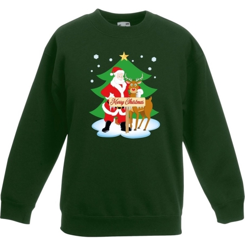 Kersttrui kerstman en rendier groen kinderen 14-15 jaar (170/176) -