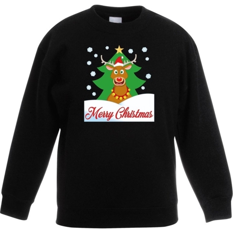 Kersttrui Merry Christmas rendier zwart kinderen 9-11 jaar (134/146) -