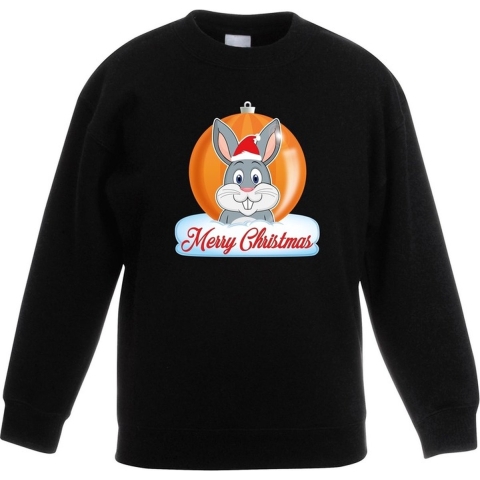 Kersttrui Merry Christmas konijn kerstbal zwart kinderen 7-8 jaar (122/128) -