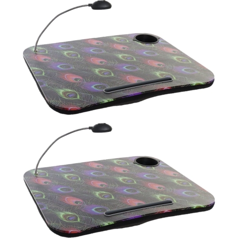 2x stuks schootkussens/laptrays met LED verlichting 48 x 38 cm gekleurde pauwenveren print -