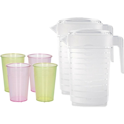 4x stuks water/limonade schenkkannen 2 liter met 36x kunststof glazen voordeelset -