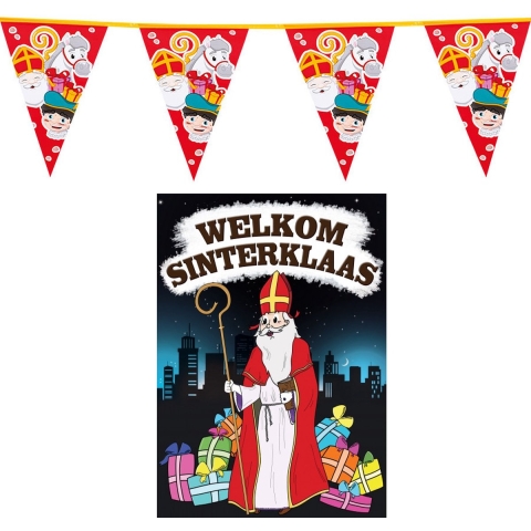 Sinterklaas versiering feestpakket inclusief 4x stuks vlaggenlijnen 6 meter en A1 deurposter -