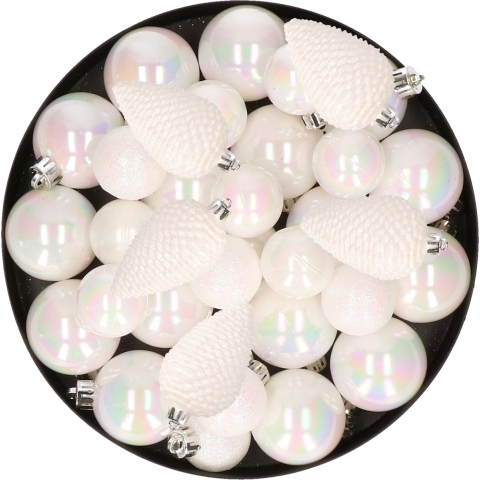 Kerstversiering kunststof kerstballen parelmoer wit 6-8-10 cm pakket van 50x stuks -