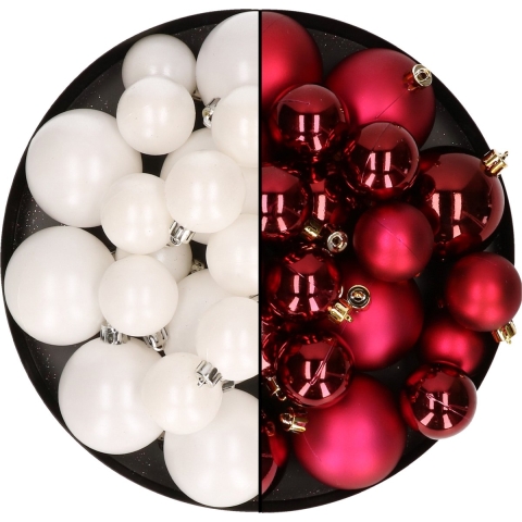 Kerstversiering kunststof kerstballen mix donkerrood/winter wit 4-6-8 cm pakket van 68x stuks -