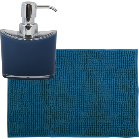 MSV badkamer droogloop mat/tapijtje - 50 x 80 cm - en zelfde kleur zeeppompje 260 ml - donkerblauw -