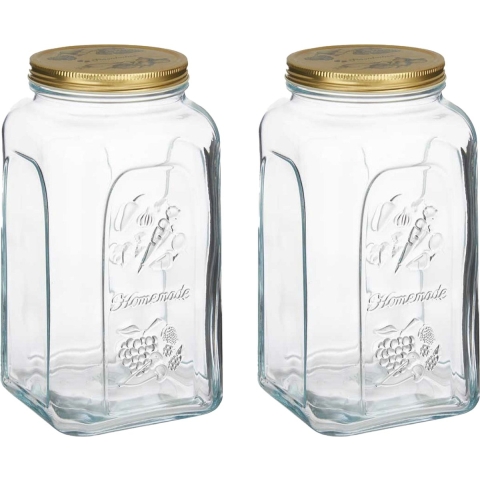 Voorraadpot/bewaarpot Square - 2x - glas - 3L - transparant/goud - D13 x H25 cm - voedsel bewaren -