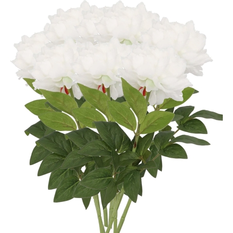 Kunstbloemen boeket pioenroos - 8x - wit - zijde - 71 cm - kunststof steel - decoratie bloemen -