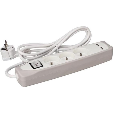 3-voudige stekkerdoos met schakelaar 2 usb-poorten grijs/wit penaarde - Velleman