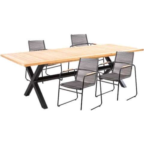 Tuinset Wakai tafel dark grey, teak 236x100 cm met 4 stoelen Wasabi stoel kussen black, rope dark grey - Yoi