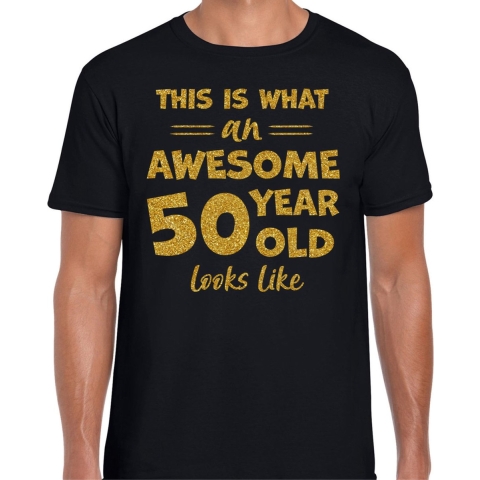 Cadeau T-shirt voor heren - leeftijd 50 jaar - awesome - zwart - glitter goud - Abraham M -