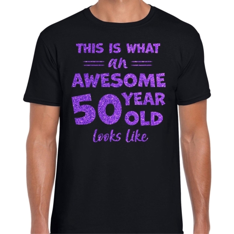 Cadeau T-shirt voor heren - leeftijd 50 jaar - awesome - zwart - glitter paars - Abraham XL -