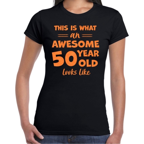 Verkleed T-shirt voor dames - leeftijd 50 jaar - awesome - zwart - glitter oranje - Sarah XS -