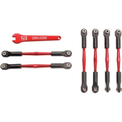 Turnbuckles, aluminum (red-anodized), camber links, 58mm (4)/ front toe links, 61mm (2)/ aluminum 5mm wrench (red-anodized) (TRX-5539X)