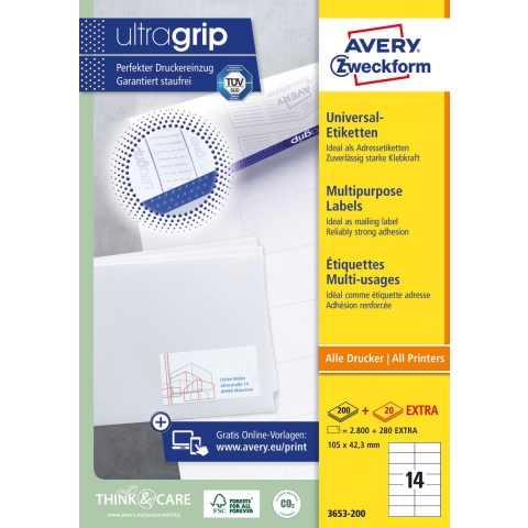 Avery-Zweckform 3653-200 Universele etiketten 105 x 42.3 mm Papier Wit 3080 stuk(s) Permanent hechtend Laser (zwart/wit), Laser (kleur)