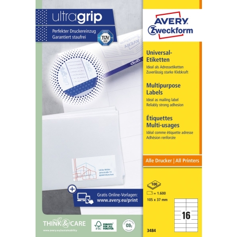Avery-Zweckform 3484 Universele etiketten 105 x 37 mm Papier Wit 1600 stuk(s) Permanent hechtend Laser (kleur), Laser (zwart/wit)