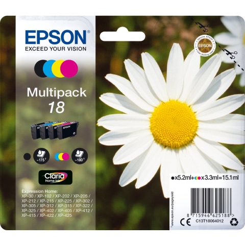 Epson Inktcartridge T1806, 18 Origineel Combipack Zwart, Cyaan, Magenta, Geel C13T18064012