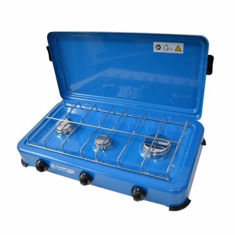 Camping kookpit/kookstel - 3-pits - blauw - metaal - 60 x 40 x 10 cm - voor gasfles -