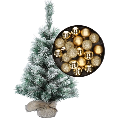 Besneeuwde mini kerstboom/kunst kerstboom 35 cm met kerstballen goud -