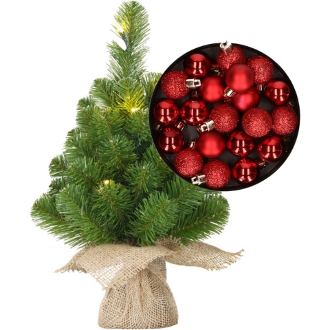 Mini kunst kerstboom - H45 cm - met verlichting en kerstballen - rood - kunstboom -
