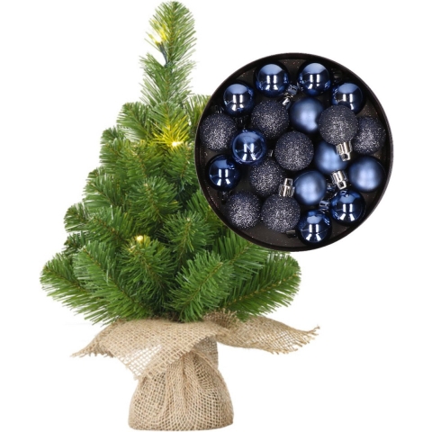 Mini kunst kerstboom - H45 cm - met verlichting en kerstballen - donkerblauw - kunstboom -
