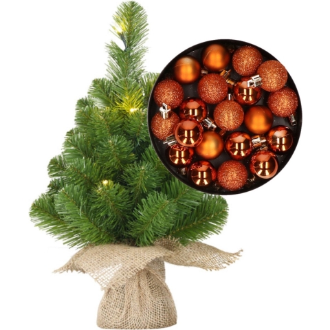 Mini kunst kerstboom - H45 cm - met verlichting en kerstballen - oranje - kunstboom -