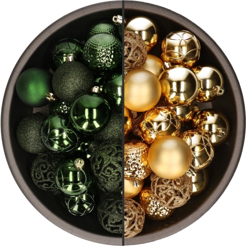 74x stuks kunststof kerstballen mix van goud en donkergroen 6 cm -