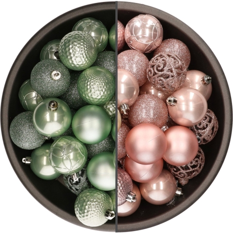 74x stuks kunststof kerstballen mix van mintgroen en lichtroze 6 cm -