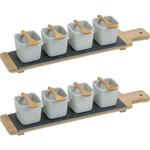 12x Snackschaaltjes/sausschaaltjes wit porselein vierkant 7 cm op serveerplank -