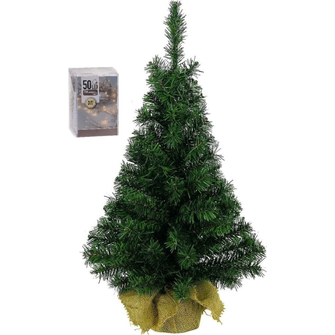 Kunst kerstboom - H75 cm - met kerstverlichting - warm wit - kunstboom - jute zak -